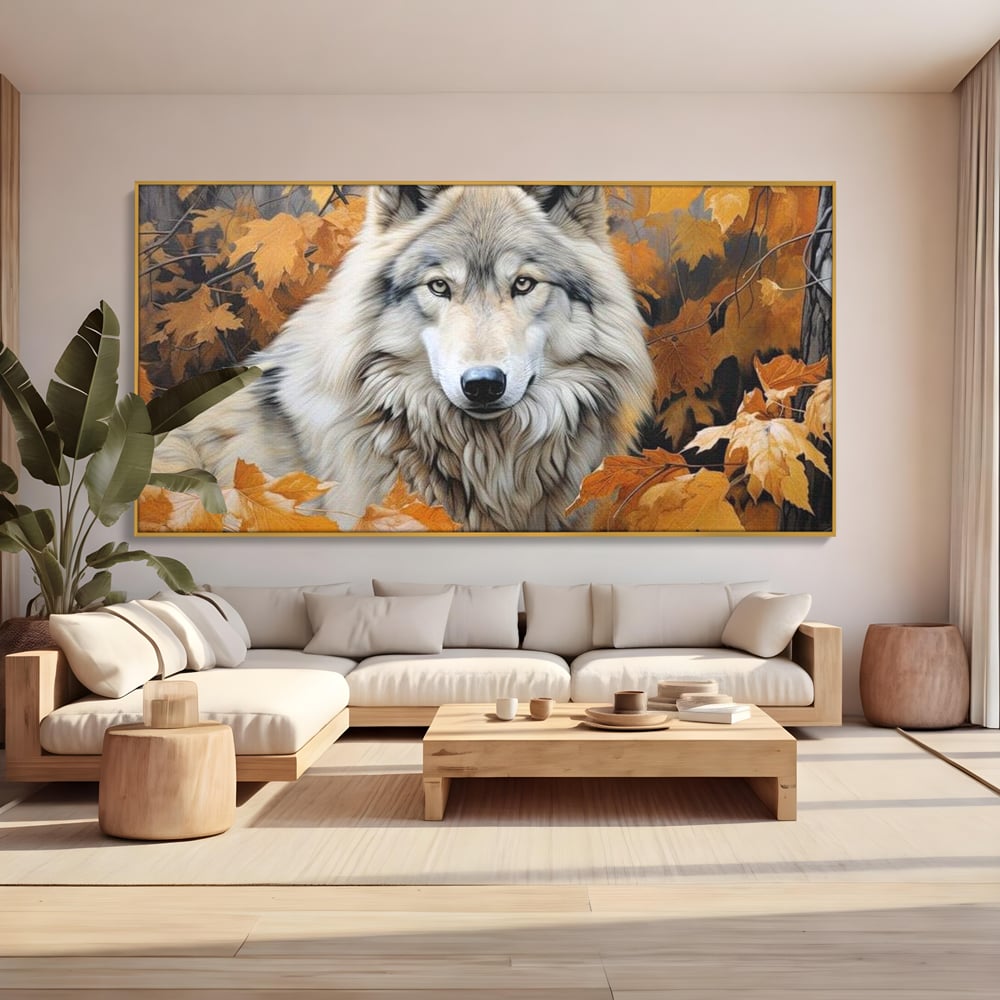 Tablou canvas cu tablou canvas cu lup in toamna, in rama de aluminiu auriu, pe perete intr-un living